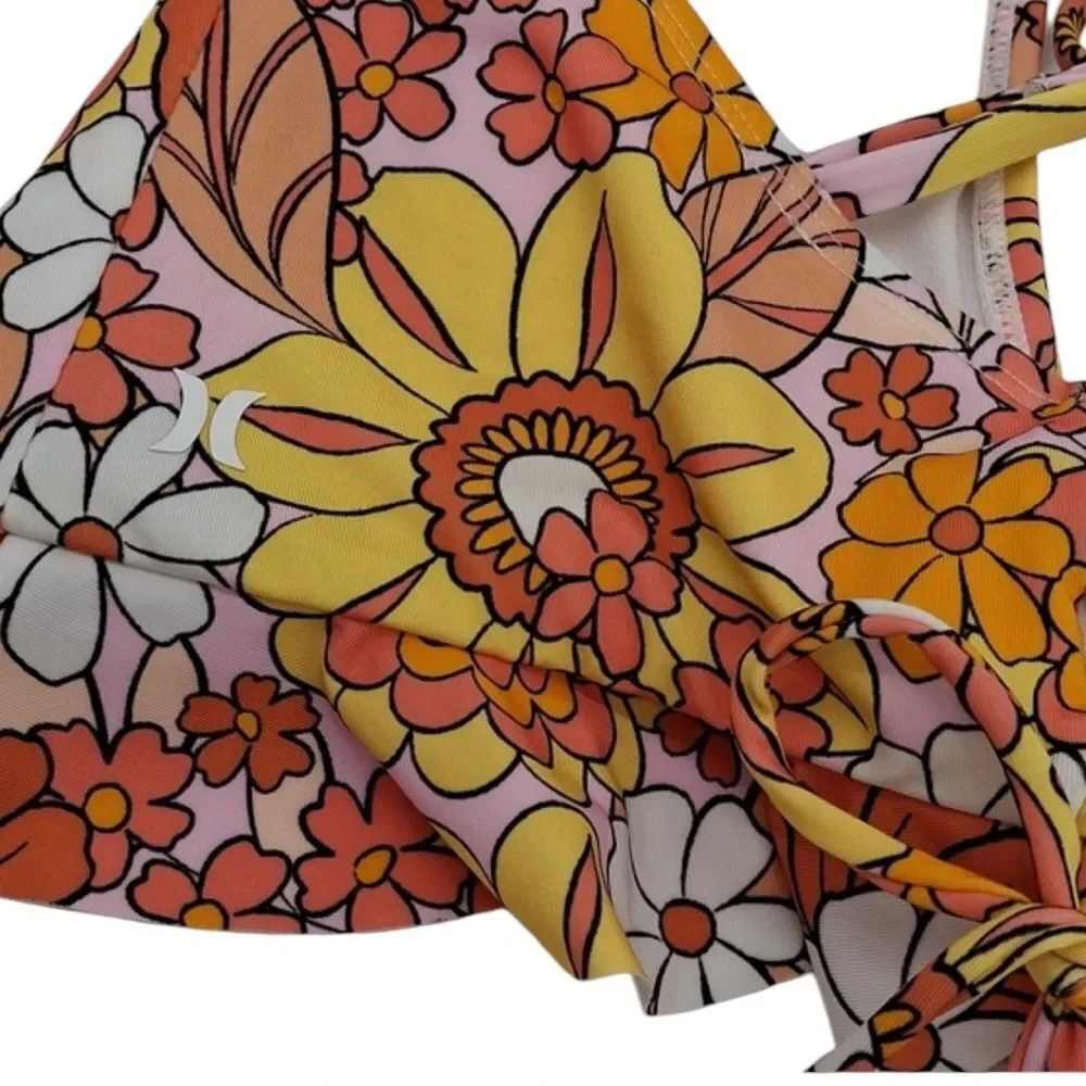 Hurley‎ Floral Print Ruffle Top Bikini 2pc Set Orange size L New with tags!
